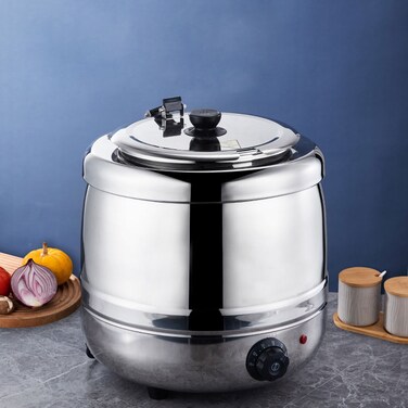 10 Liter – Insulated Electric Soup Warmer (Silver) with adjustable thermostat control.