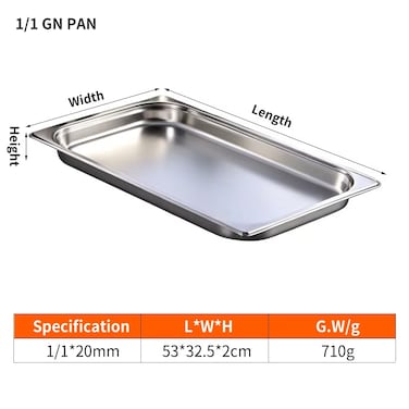 Stainless steel gastronorm (GN) container/pan 1/1 (530 x 325 x 20 mm) Capacity: 2 liters, Value Pack of 3 pieces