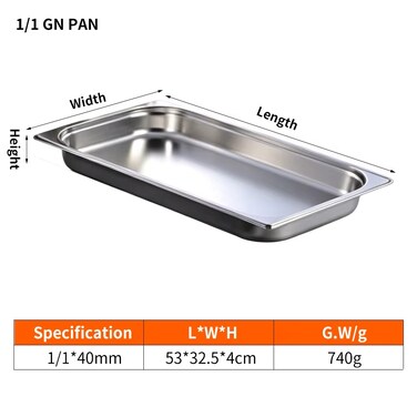 Stainless steel gastronorm (GN) container/pan 1/1 (530 x 325 x 40 mm) Capacity: 5.1 liters, Value Pack of 3 pieces