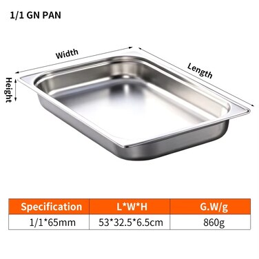 Stainless steel gastronorm (GN) container/pan 1/1 (530 x 325 x 65 mm) Capacity: 8.5 liters, Value Pack of 3 pieces