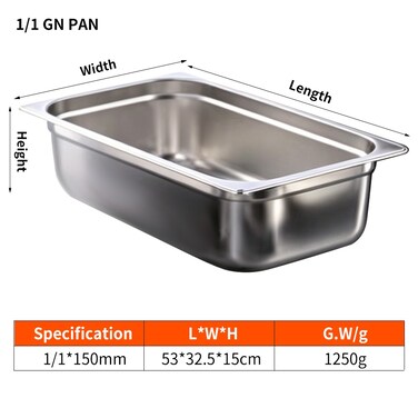 Stainless steel gastronorm (GN) container/pan 1/1 (530 x 325 x 150 mm) Capacity: 20 liters, Value Pack of 3 pieces