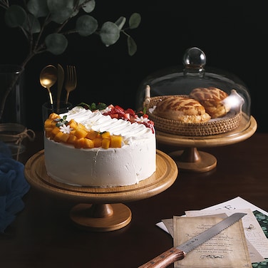 Wooden Cake Stand with Clear Glass Dome, Dia: 27 cm