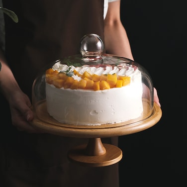 Wooden Cake Stand with Clear Glass Dome, Dia: 29 cm