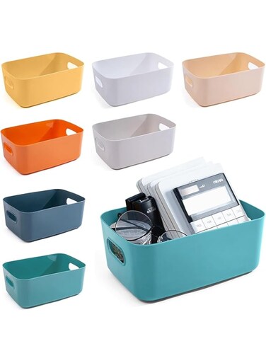 ALMEKAQUZ 7 Pack Plastic Storage Bins and Baskets for Efficient Home Classroom Organization - Small Containers in Multiple Colors for Kitchen, Cupboard box, and Bathroom Organizer on Shelves and Tubs