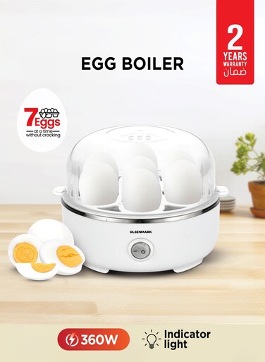 Egg Boiler Steamer Cooker OMEB7043, 360W Cooks 7 Eggs Poacher, 3 Cooking Stages, Automatic Power Off, Indicator Light, Stainless Steel Heating and Steaming Plate, Comes with Measuring Cups, Over Heating Protection