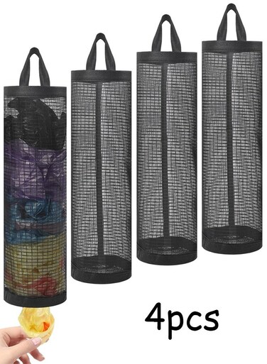 Plastic Reusable Grocery Bag Holder for Plastic Bags, Black Mesh Hanging Storage Trash Organizer for Home Kitchen Pantry
