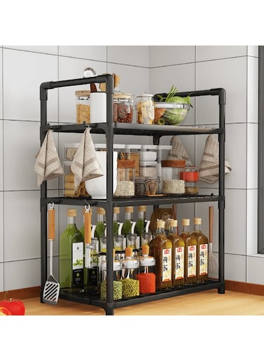 3-Tier Storage Shelf Organizer for Kitchen Bathroom Shelves Garage Home Pantry Closet Office Multi Rack Stand Units with Hooks and Handle for Jar and Bottles
