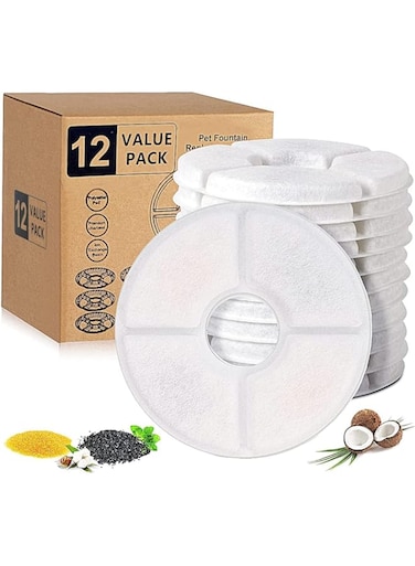 MeowMeow V2.0 Pet Water Fountain Filters, 12-Pack Round Charcoal Water Filter Replacements for Cat and Dog Fountain, Provide Sufficient Supply for 6 - 12 Months