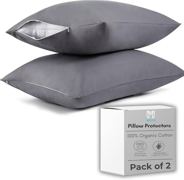 MUSA Premium Cotton Pillow Protectors - Set of 2 Zippered Pillow Covers (Grey, 50 x 90cm)