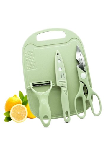 Cutting Board Set, 4-Piece Portable Mini Camping Kitchen Tool Kit with Plastic Board, Stainless Steel Knife &amp; Sheath, Peeler, and Scissors - Green