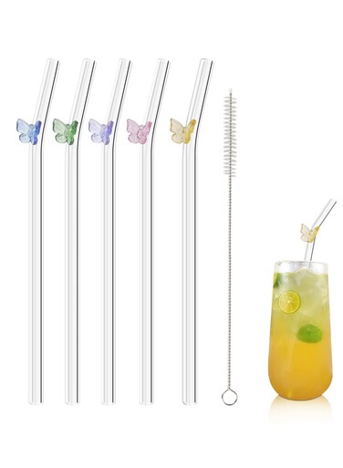 Butterfly Design Reusable Glass Straws - 7.8" x 8mm, Set of 5 with Cleaning Brush, Perfect for Smoothies, Milkshakes, Juices, and Teas. Eco-Friendly and Stylish!