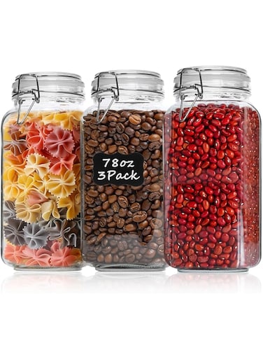 ComSaf Airtight Glass Canister Set of 3 with Lids 78oz Food Storage Jar Square - Storage Container with Clear Preserving Seal Wire Clip Fastening for Kitchen Canning Cereal,Pasta,Sugar,Beans,Spice