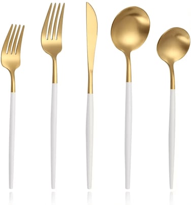 MAAC Home Dreamy White and Gold Cutlery Series - Set of 30 Luxurious Elegant Durable and Classic Premium Design Cutlery Set Perfect for everyday use, and get together, restaurant, banquet