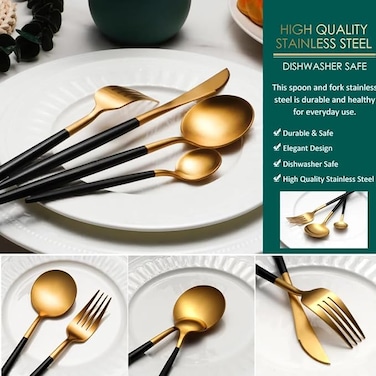 MAAC Home Regal Black and Gold Silverware Selection - Set of 4 Luxurious Elegant Durable and Classic Premium Design Cutlery Set Perfect for everyday use, and get together, restaurant, banquet