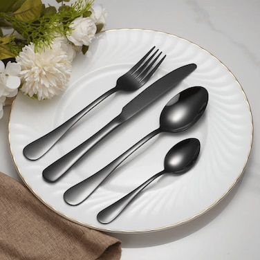 MAAC Home Bold Black Cutlery Set for Contemporary Flair - Set of 16 Luxurious Elegant Durable and Classic Premium Design Cutlery Set Perfect for everyday use, and get together, restaurant, banquet