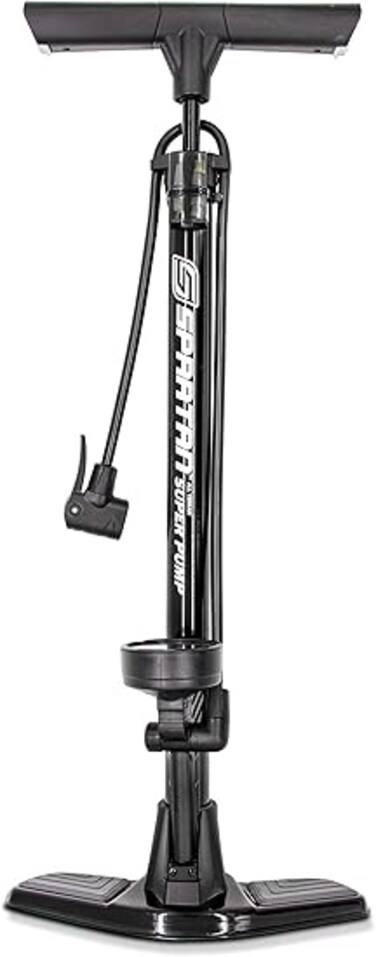 مضخة أرضية للدراجات من سبارتان للاستخدام المنزلي وعلى الطرقات - رأس صمام مزدوج لصمامات شريدر وبريستا، مقبض على شكل حرف T مصبوب بشكل مشترك، أسطوانة ألومنيوم شديدة التحمل