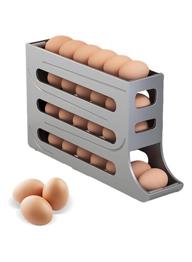 COOLBABY 4-Layer Egg Storage Rack, Auto Rolling Fridge Egg Organizer, 30 Eggs Auto Rolling Egg Dispenser, Space-Saving Egg Holder Rack for Refrigerator Kitchen Cabinet (Grey)