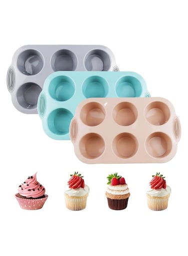 Pcs Silicone Muffin Pan,6-Cavity Nonstick Baking Tray for Brownies, Muffins,Jellies, Pudding, Sandwich Cookies, Food Grade Pack of 3 Colors