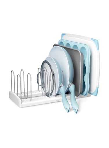 YouCopia Store More Adjustable Pan And Lid Rack, Pot Lids And Pans Organizer for Kitchen Cabinet Storage, Large - 16", White, 50157 White 16inch