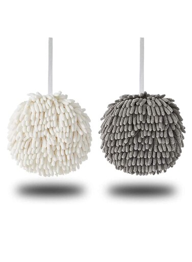 Microfiber Hand Towel Ball Fast Drying, Chenille Hand Towel Ball Absorbent Soft Towel Microfiber Hand Towels for Bathroom Kitchen Hand Drying Puff (White+Gray 2-Pack)
