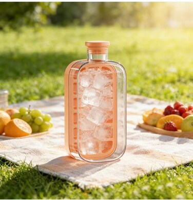 2 in 1 Ice Cube Bottle with Straw Easy Press Ice Tray Water Bottle, Leak Proof Lid, Vertical Tray Perfect for Travel, Gym, Home - 800mL Pink