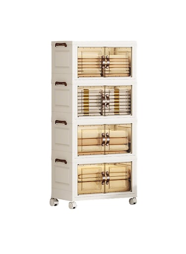 Four-Tier Foldable Plastic Storage Cabinet with Wheels &acirc;&euro;&ldquo; PP Organizer with Transparent Magnetic Doors, Stackable and Space-Saving Design for Kitchen, Bedroom, or Living Room, 40 cm