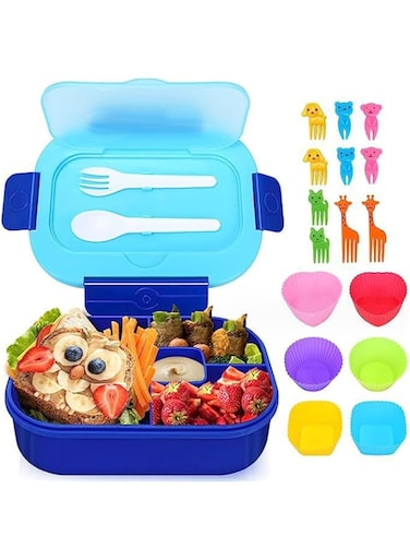 YHRY Bento Boxes, 44oz - Leakproof 4 Compartments Lunch Containers Kids Bento School Lunch Boxes with Spoon &amp; Fork, Perfect Size for On-the-Go Meal, Microwave and Food-Safe (Blue)