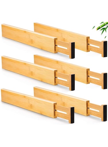 T&amp;Q 4/6 Pack Bamboo Drawer Dividers, Expandable Kitchen Drawer Organizer, Spring Adjustable Kitchen Utensil Drawer Organizer for Kitchen, Dresser, Bedroom, Baby Drawer, Bathroom 43-56 CM (6 Pack)
