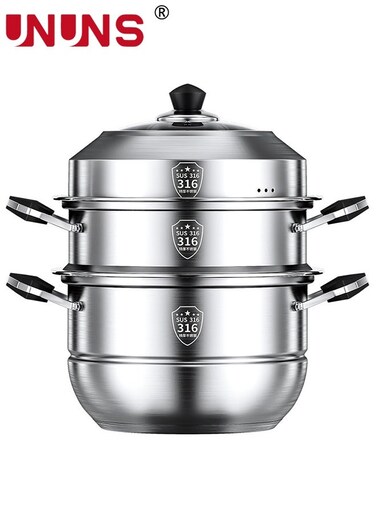 Steamer for Cooking,3-Tier 28CM Stainless Steel Steaming Pot with Steamer Basket for Vegetable,Dumpling,Soup,Pasta,Seafood,Transparent Glass Lid and Handle for Safe Cool Touch Cooking