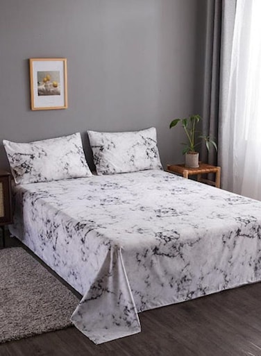 Home 3 Pieces Flat Bedsheet 230*250cm. 2 Pillow cases - 50*75cm, White Marble Design.