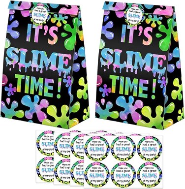 SamPartyShop Slime Goodie Bags-24 Pcs Slime Party Favors Candy Bags with Stickers, Slime Goody Gift Treat Bags Slime Themed Birthday Party Supplies