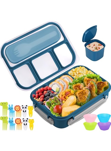 Bento Box, Lunch Box Kids, 1300ML Bento Box Adult Lunch Box with 4 Compartment &amp;Food Picks &amp;Cake Cups, Lunch Box Containers for Adults/Kids/Toddler, Leak-Proof, Microwave/Dishwasher/Freezer Safe(Blue)