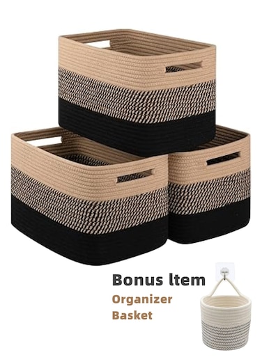 Storage Basket 3 Pieces Set-Natural Cotton Rope Woven Basket, Storage Box for Organizing Toys, Books, Towels;Bathroom Organizer Bucket