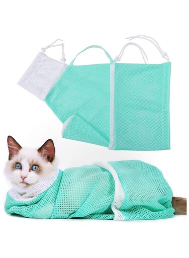ZELLYA Cat Bathing Bag, Breathable Cat Bathing and Grooming Wash Bag, Adjustable Multifunctional Bag for Cat Restraint Washing Bathing, Nail Trimming Injection, Medicine Taking, Grooming (Green)