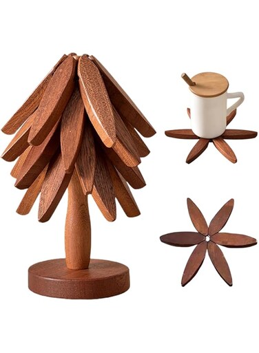 CENXI Wooden Trivets for Hot Dishes, Tree Shape Trivet Set, 4 Wooden Trivets+1 Stand, Trivets for Hot Dishes, Natural Foldable Kitchen Wooden Trivet, for Hot Dishe, pot, Bow, Teapot (Black Walnut)