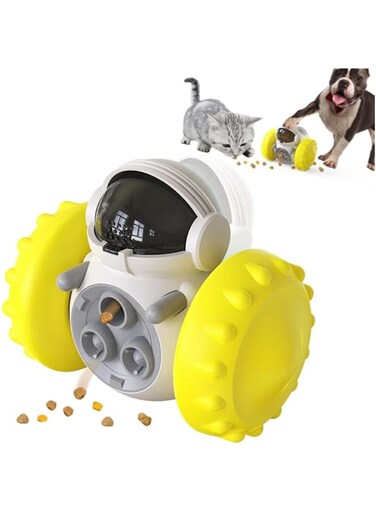 AMERTEER Tumbler Dog Treat Toy, Treat Dispensing Puzzle For Medium Small Dog And Cats, Interactive Chase Toys, Alternative To Slow Feeder To Improve Pets Digestion, Robot-Shaped Dog Toys (Yellow)