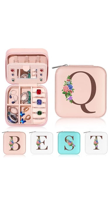 Yesteel Travel Jewelry Case, Travel Portable Jewelry Box for Ring Earring Necklace Bracelet Organizer Storage Holder Boxes With Mirror, Gifts for Women Teen Girls Initial Q
