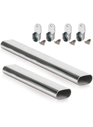4basix 95cm Wardrobe Bar, Wardrobe Hanging Rod, Closet Shelf &amp; Rod Brackets, Oval Closet Rail Custom Cut To Size + End Support and Screws, Chrome Plated (2)
