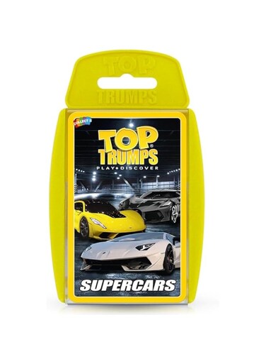 Top Trumps Supercars Classic Card Game, learn facts about the Aston Martin DBS, McLaren Senna and Bugatti Chiron in this educational packed game, gifts and toys for boys and girls aged 6+