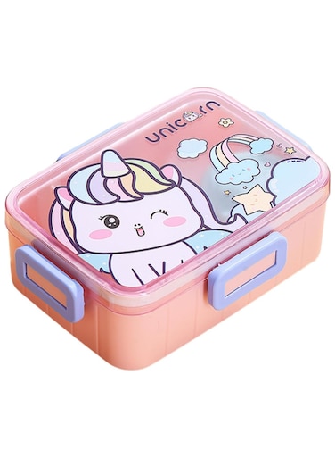 Cute Cartoon Pattern Plastic Lunch Box for Kids, BPA-Free Bento Tiffin Box with 2 Compartments, Leakproof Lunch Container with Soup Box &amp; Spoon, Ideal for School &amp; Travel ( Unicorn )