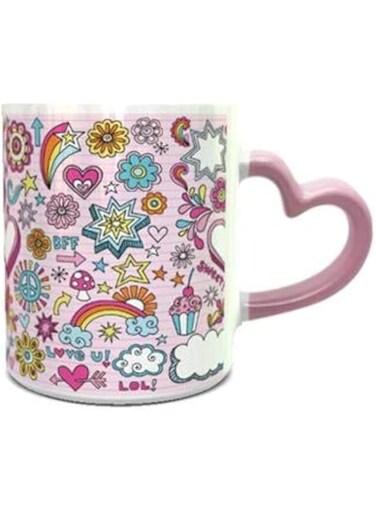 Impress Ceramic Coffee Mug with Groovy Notebook Doodle Design - White &amp; Pink