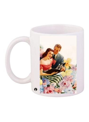 Vintage Couple Printed Coffee Mug White/Pink/Yellow 11ounce