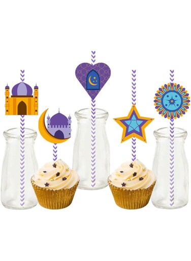 Aowin 24 Pcs Ramadan Paper Straw Decor Set,Eid Mubarak Striped Decorative Straws,Mardi Gras Party Straws for Ramadan Festival Birthday Party,Disposable Paper Drinking Straw for Eid Decorations(A)