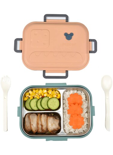 Lunch Box for Kids Adults, 800ml Bento Lunch Box with Stainless Steel Lunch Containers Tray 3-Compartment, Leak-proof Bento Boxes for Kids Food Snack Containers for School Outdoors (Pink)