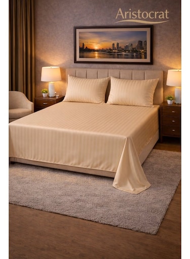 3&acirc;&euro;&lsquo;Piece Striped Microfiber Flat Bed Sheet Set Super King 240x260cm &acirc;&euro;&ldquo; Soft Breathable Flat Sheet with 2 Pillowcases 50x70cm, Beige Microfiber Beige 240x260cm
