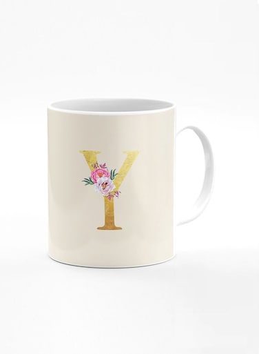 Designer Printed Coffee Mug 11oz Ceramic Personalised Gift Mugs Cup -Custom Monogram Initial Letter Floral Pattern Alphabet - Y (Albescent White)
