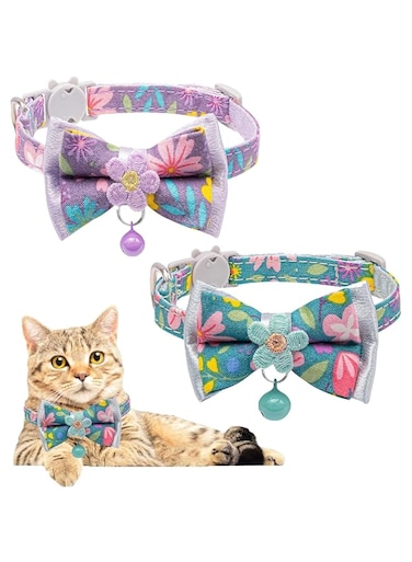 OBABO [Upgrade] 2 Pcs Cat Collars, Floral Bow Collar with Bell, Removable Cat Collar with Tie, Cute cat Collar for Cats and Puppies (Purple+Green)