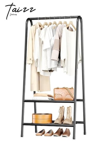 Portable Metal Small Garment Rack, Sturdy Clothing Rack with Double Layer Shelf for Storing Clothes, Shoes, Suitable for Bedroom, Office, Living Room, 24.4 x 13.8 x 62Inches - Coffee