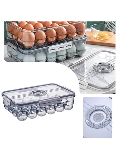GoodsTJ Egg Container for Refrigerator Plastic Refrigerator Egg Storage Bin, Egg Holder with Time Scale, Stackable Egg Holder for Refrigerator, Egg Tray, Clear (Grey, 24 Eggs)
