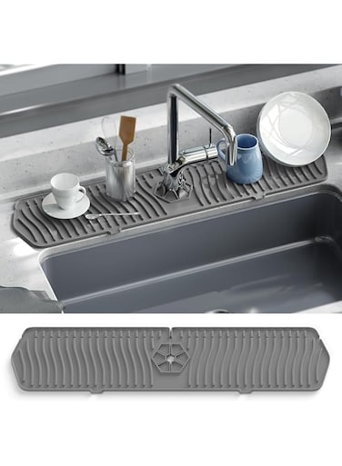 Lomeshow Faucet Mat for Kitchen Sink, 24 Inch Long Kitchen Sink Splash Guard Behind Faucet, Cuttable Kitchen Faucet Mat for Bathroom Sink Faucet, Gray Longer Silicone Faucet Mat, Easy Cleaning
